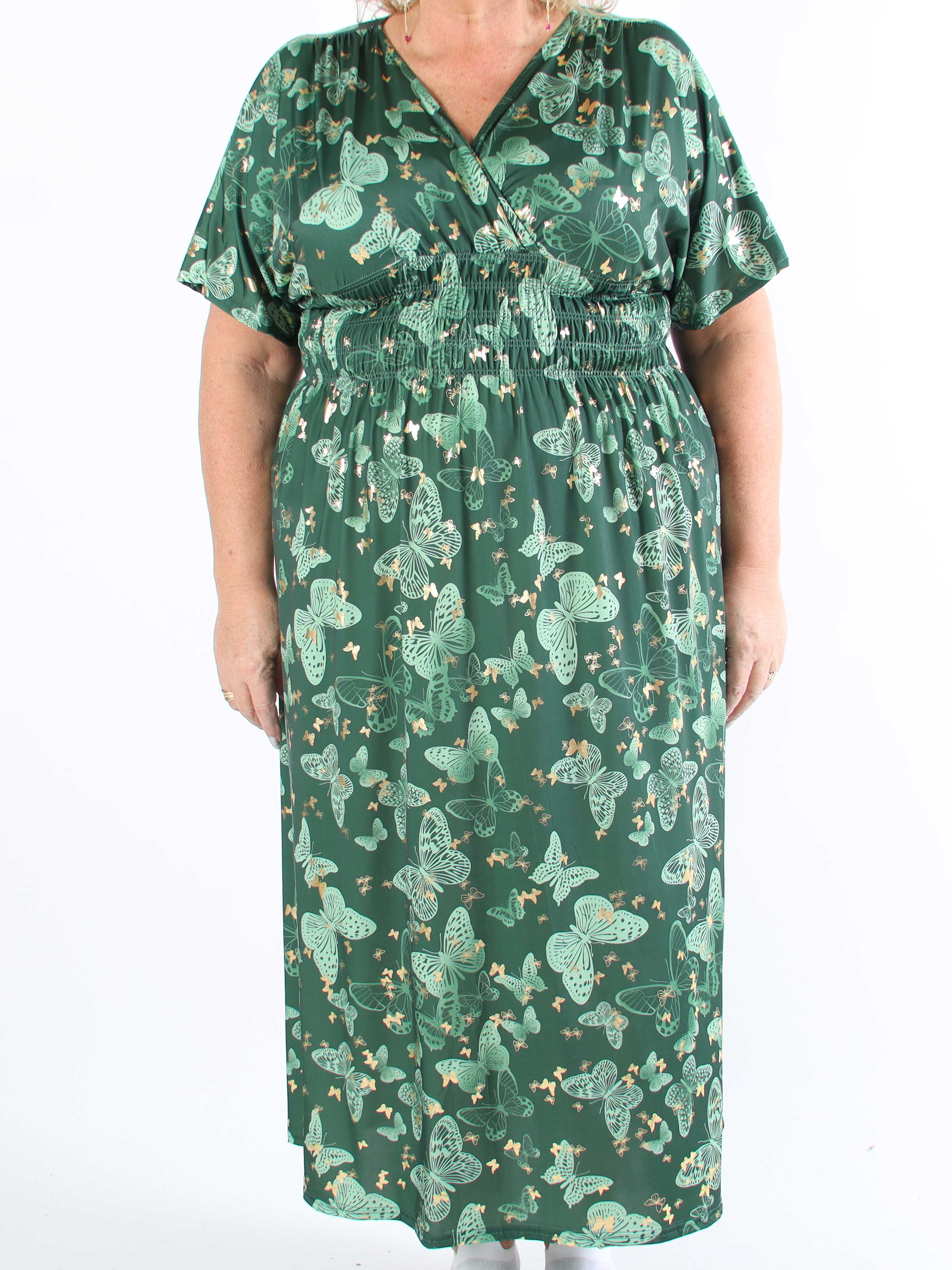 Pams Butterfly - Lang elastisk plus size kjole med smock i livet